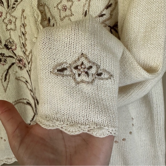 Cottagecore Cardigan Sweater Embroidered Beaded Women PETITE LARGE Pearls Floral - Picture 4 of 14